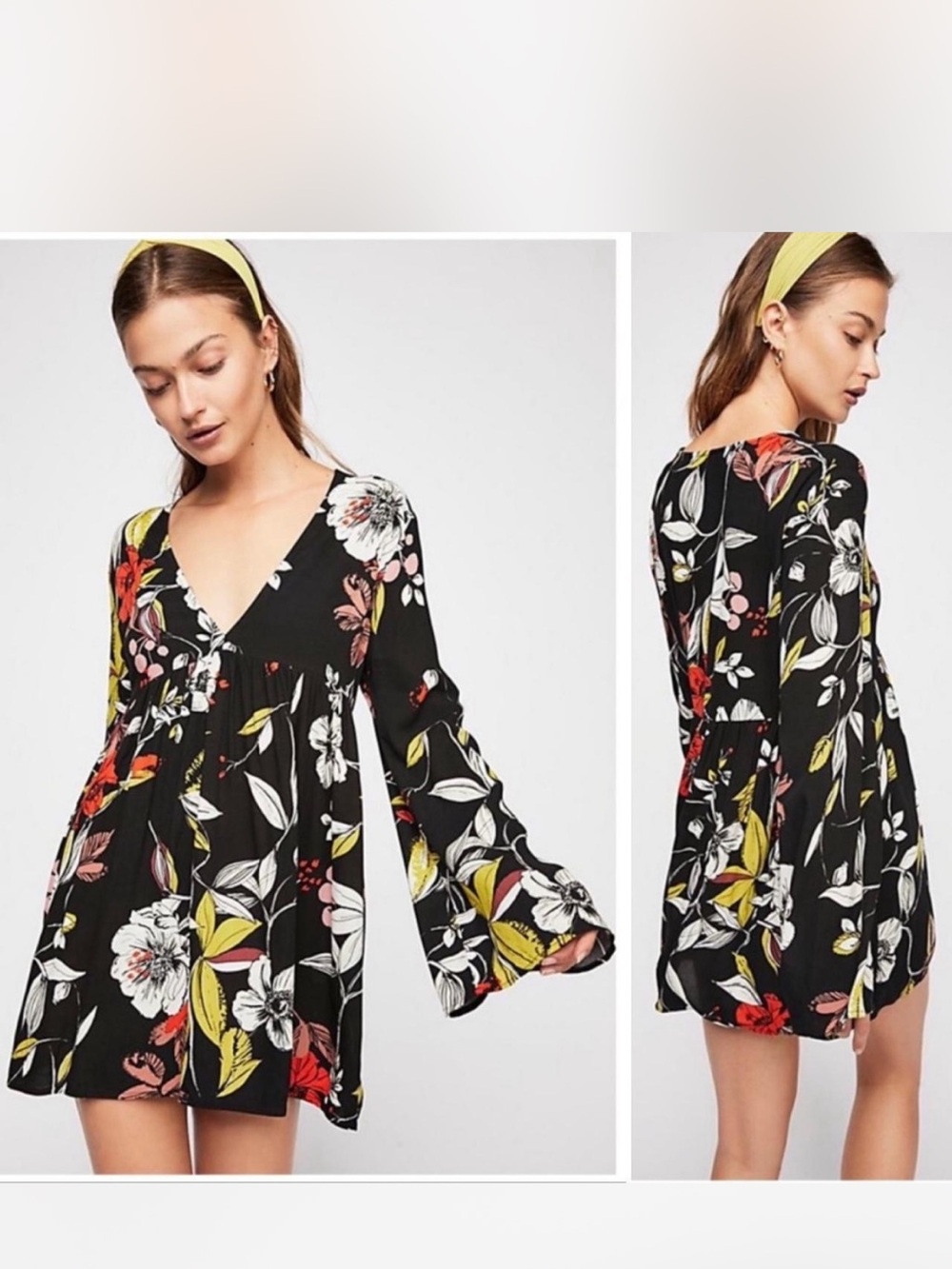 Free People Bella Black Floral V-Neck Bell Sleeve Mini Dress